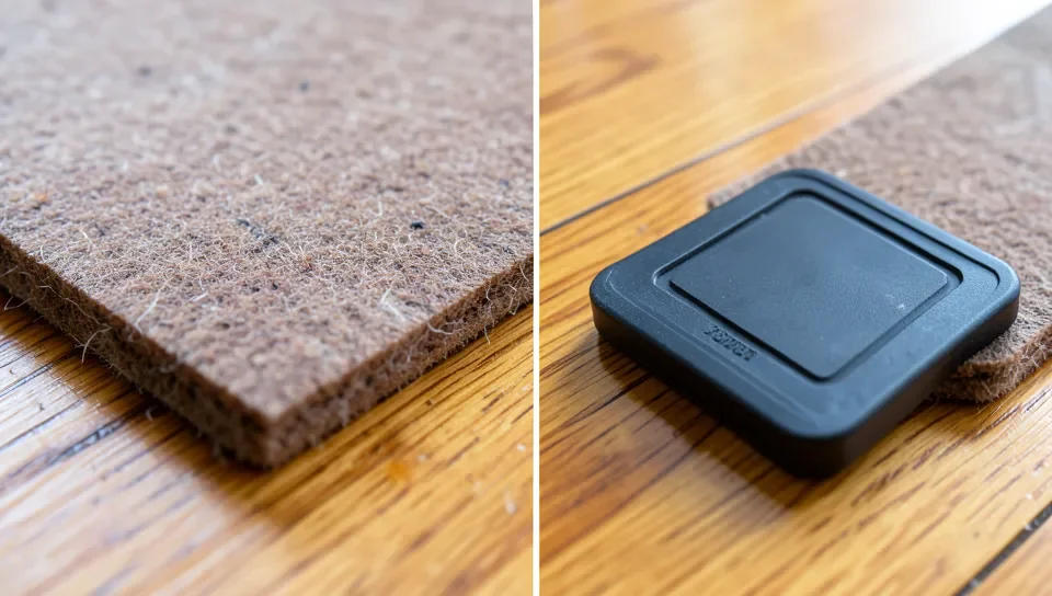 Side-by-side comparison of a felt furniture pad and a rubber furniture gripper pad on a hardwood floor
