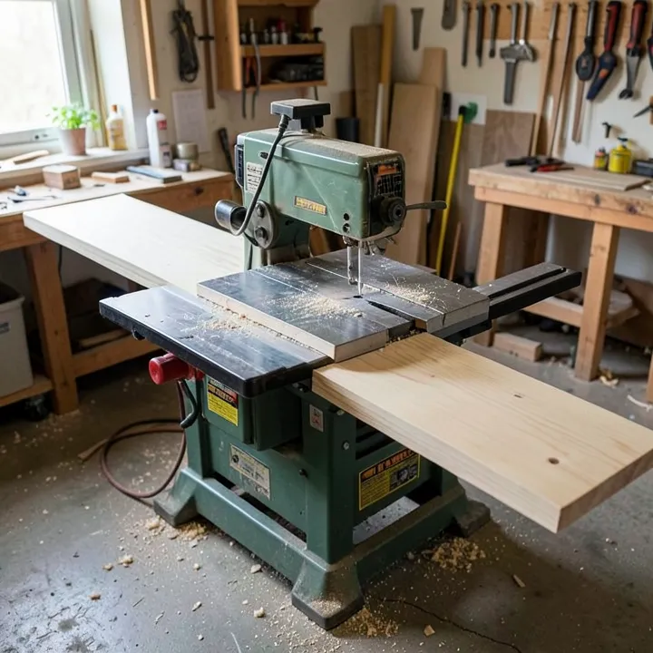 A table saw with a folding outfeed table extended behind it supporting a long plywood board