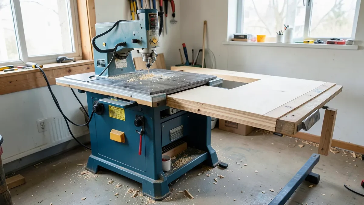 A table saw with a folding outfeed table extended behind it supporting a long plywood board