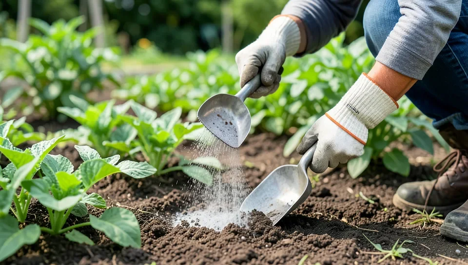 Gardener wearing gloves applying wood ash to vegetable garden soil