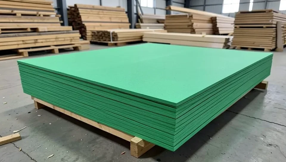 Green-tinted moisture-resistant MDF at a lumber yard