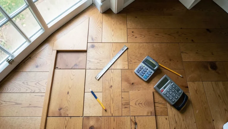 Overhead view of a hardwood flooring installation in progress with a tape measure and calculator for cost planning