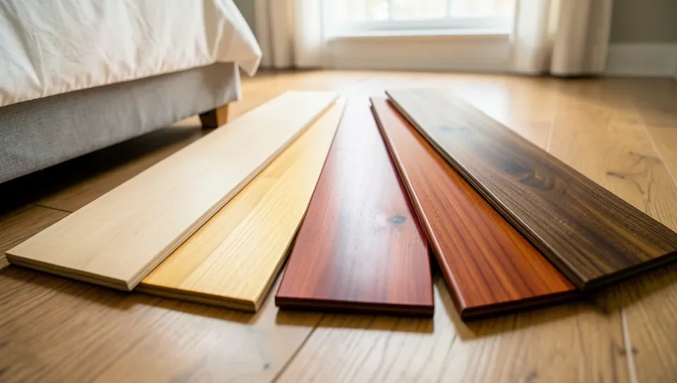 Hardwood flooring sample planks in oak, maple, cherry and walnut finishes next to a bed