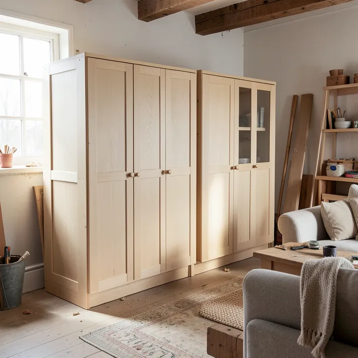 modern MDF cabinet furniture in a living room showing panel construction