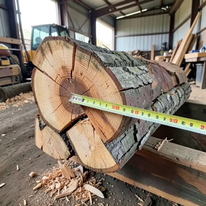 Stack of ash logs at a sawmill yard with a tape measure across the end grain