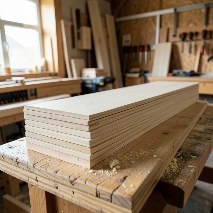 Stack of pale tan ash hardwood lumber boards in a woodworking shop