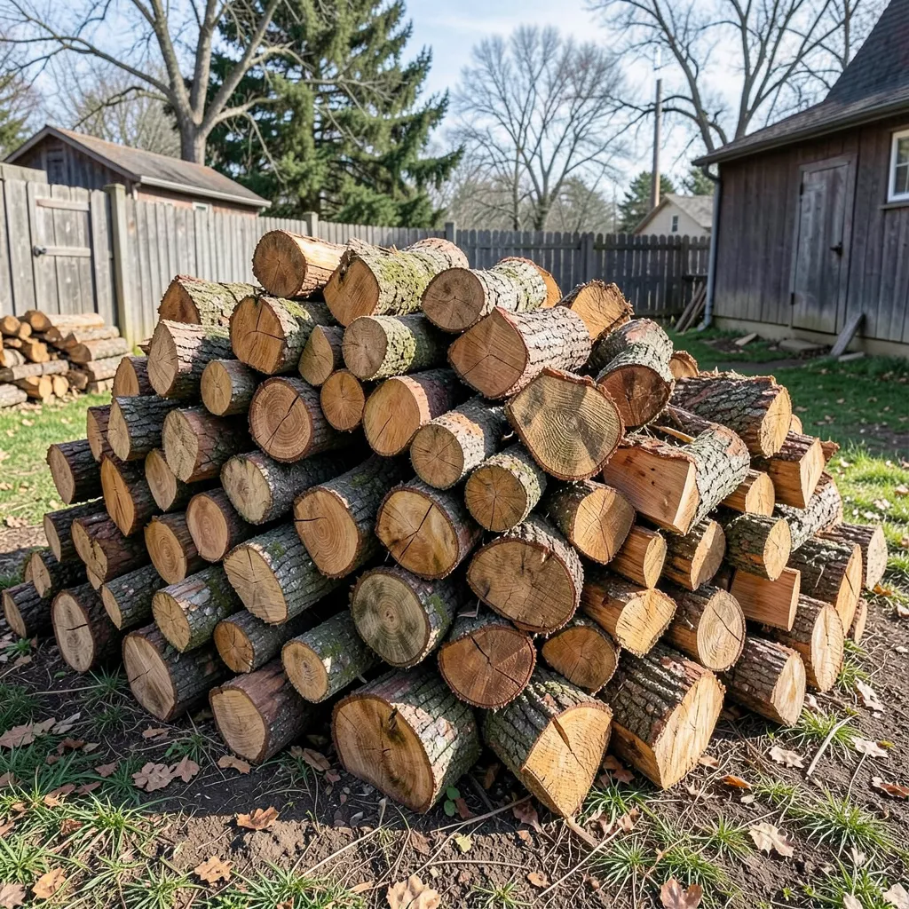 Stacked cord of ash firewood logs
