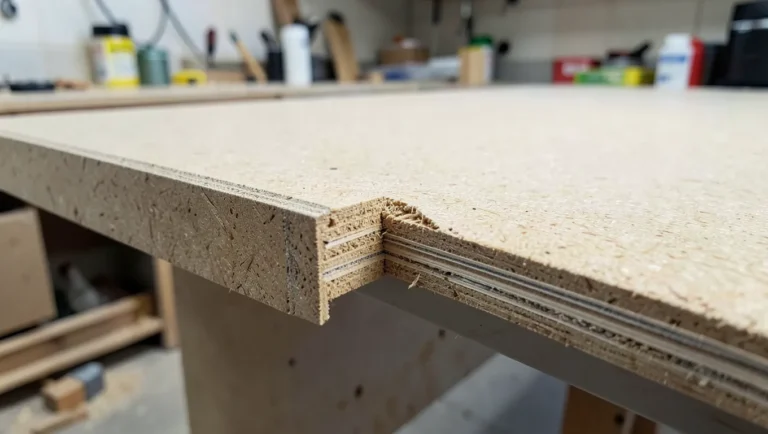 Kitchen countertop being built from MDF board showing the thick edge