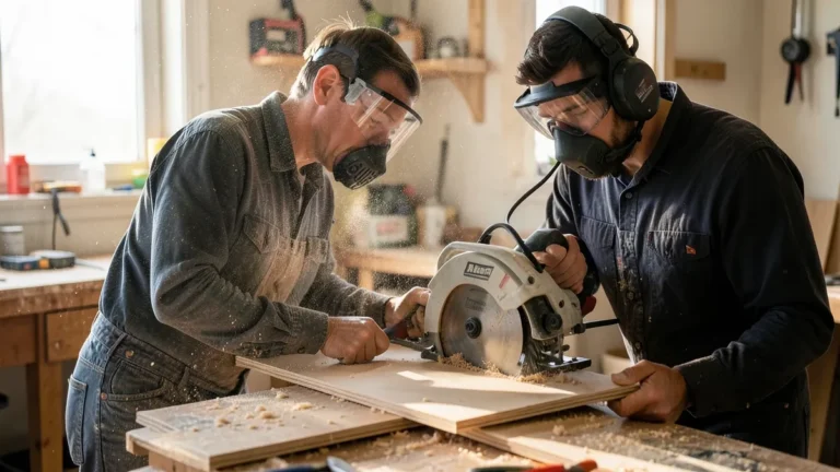 Person wearing a respirator cutting MDF with a circular saw