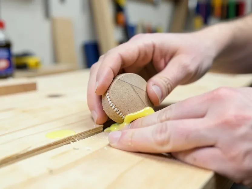 Woodworker inserting a glued wood biscuit into a slot cut in a plywood panel edge