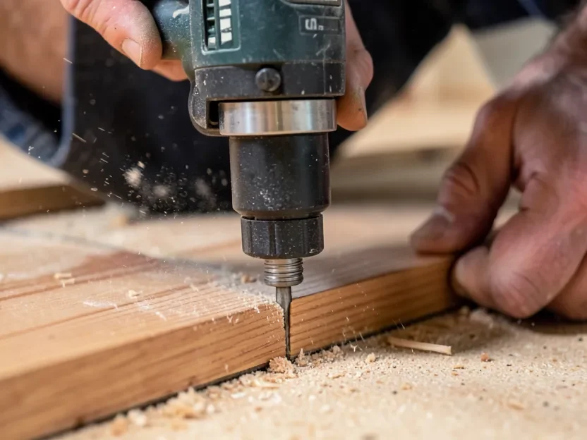 Flooring installer using a pneumatic nailer to secure a solid hardwood plank