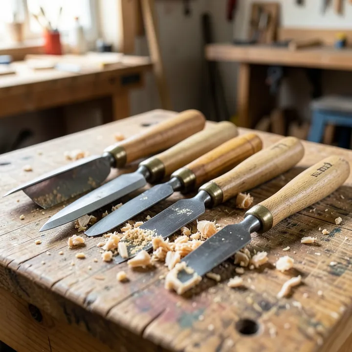 close-up of wood carving gouges resting on a workbench with wood chips