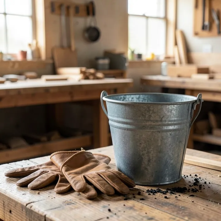 A bucket of wood ash next to leather gloves for safe handling