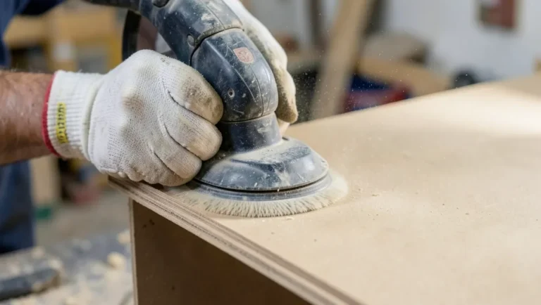 Orbital sander creating fine dust while sanding the edge of an MDF board