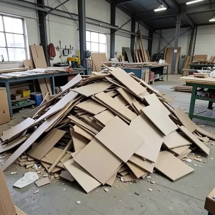 MDF board offcuts and waste pieces piled for disposal