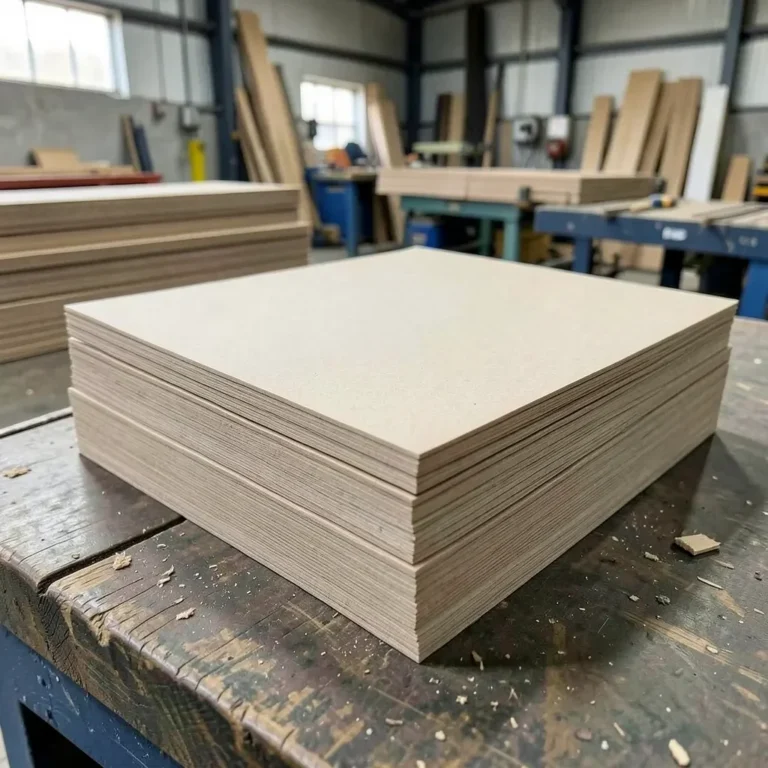 Stack of MDF sheets in a workshop