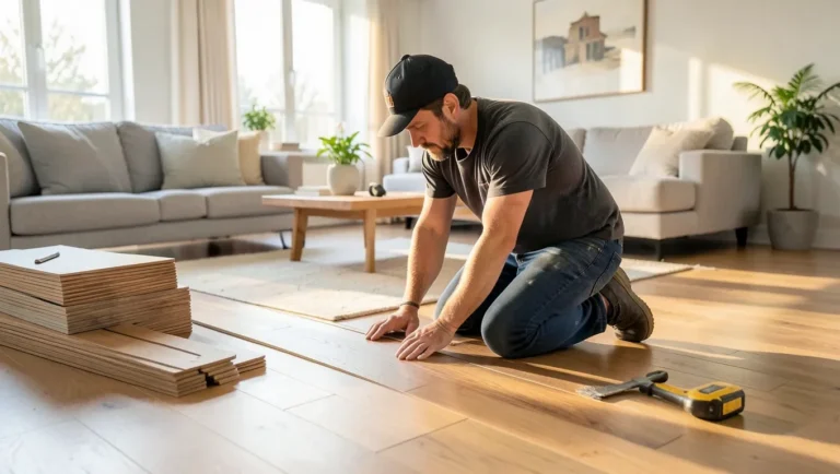 Professional installer fitting solid oak hardwood flooring planks in a living room