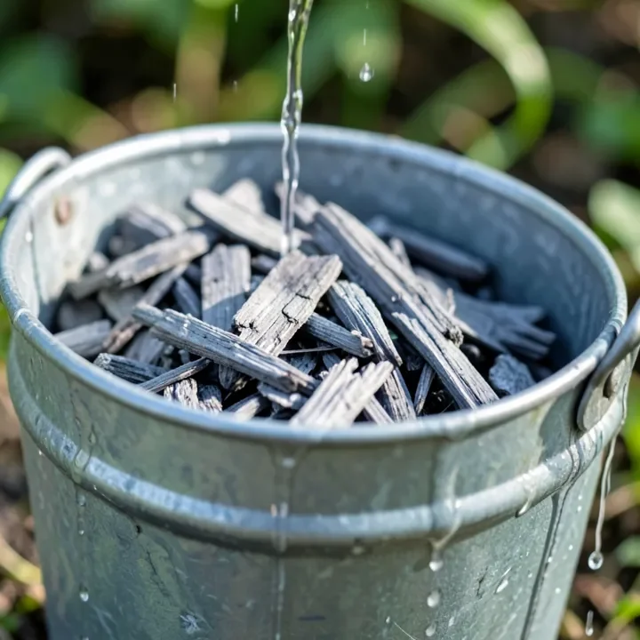 Water leaching through wood ash in a bucket to make lye