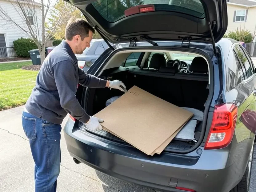 Loading cut MDF sheets into a car to take to a household waste recycling center