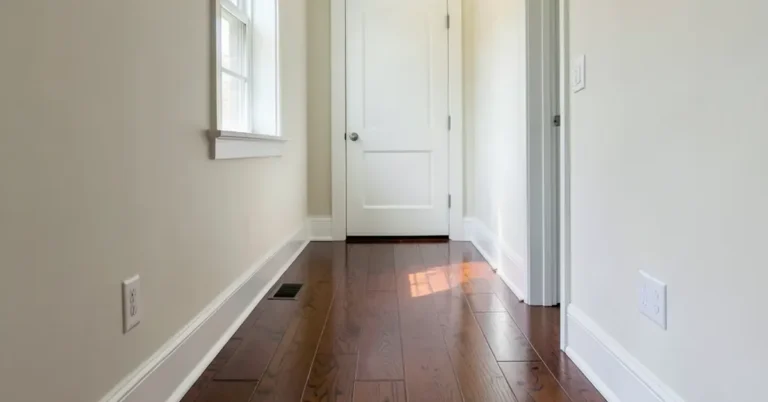 Hallway with dark stained hardwood flooring and white trim