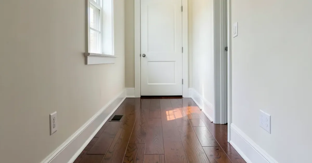 Hallway with dark stained hardwood flooring and white trim
