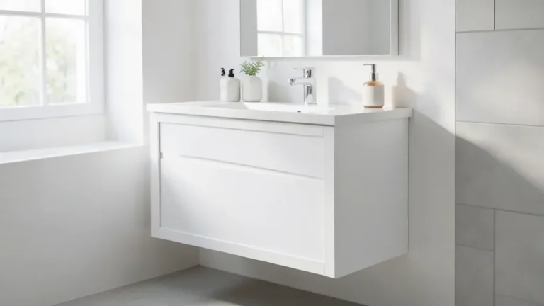 White MDF bathroom vanity cabinet with sealed edges in a bright bathroom