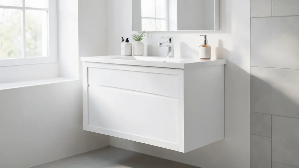 White MDF bathroom vanity cabinet with sealed edges in a bright bathroom