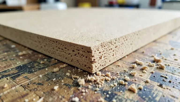 A cut MDF board edge showing its dense fiber texture