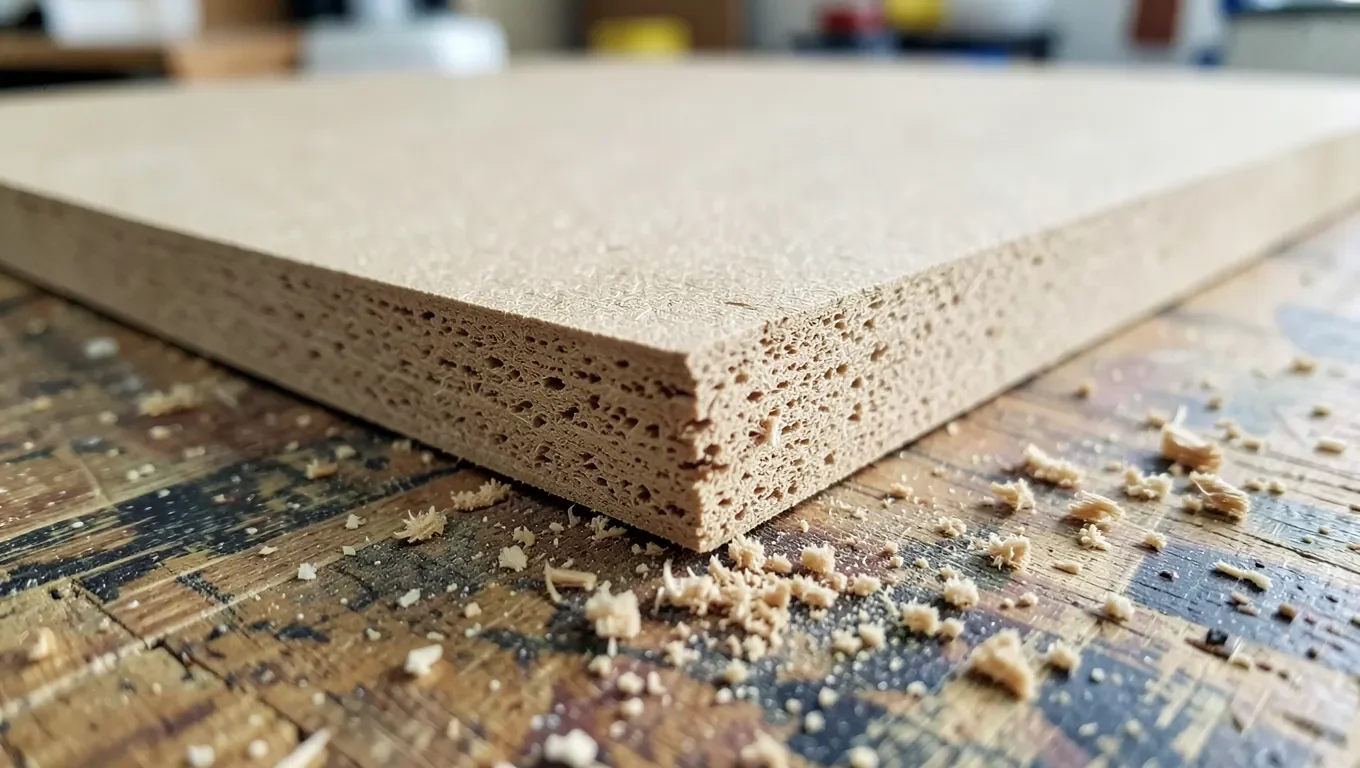 A cut MDF board edge showing its dense fiber texture