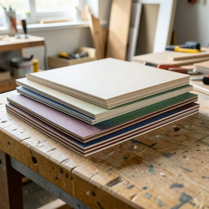 Different types of MDF board samples stacked on a table