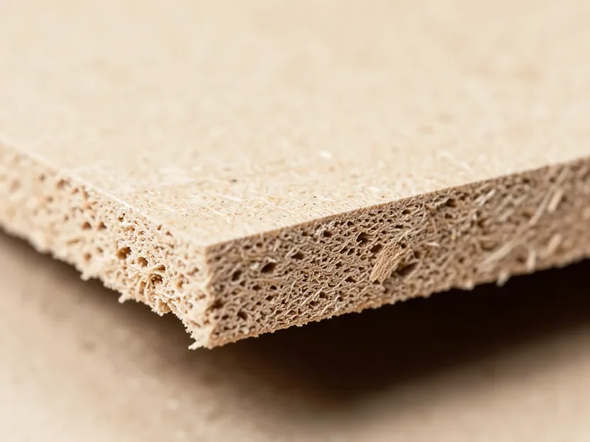 Close-up of a raw MDF cut edge showing its fine compressed wood-fiber texture