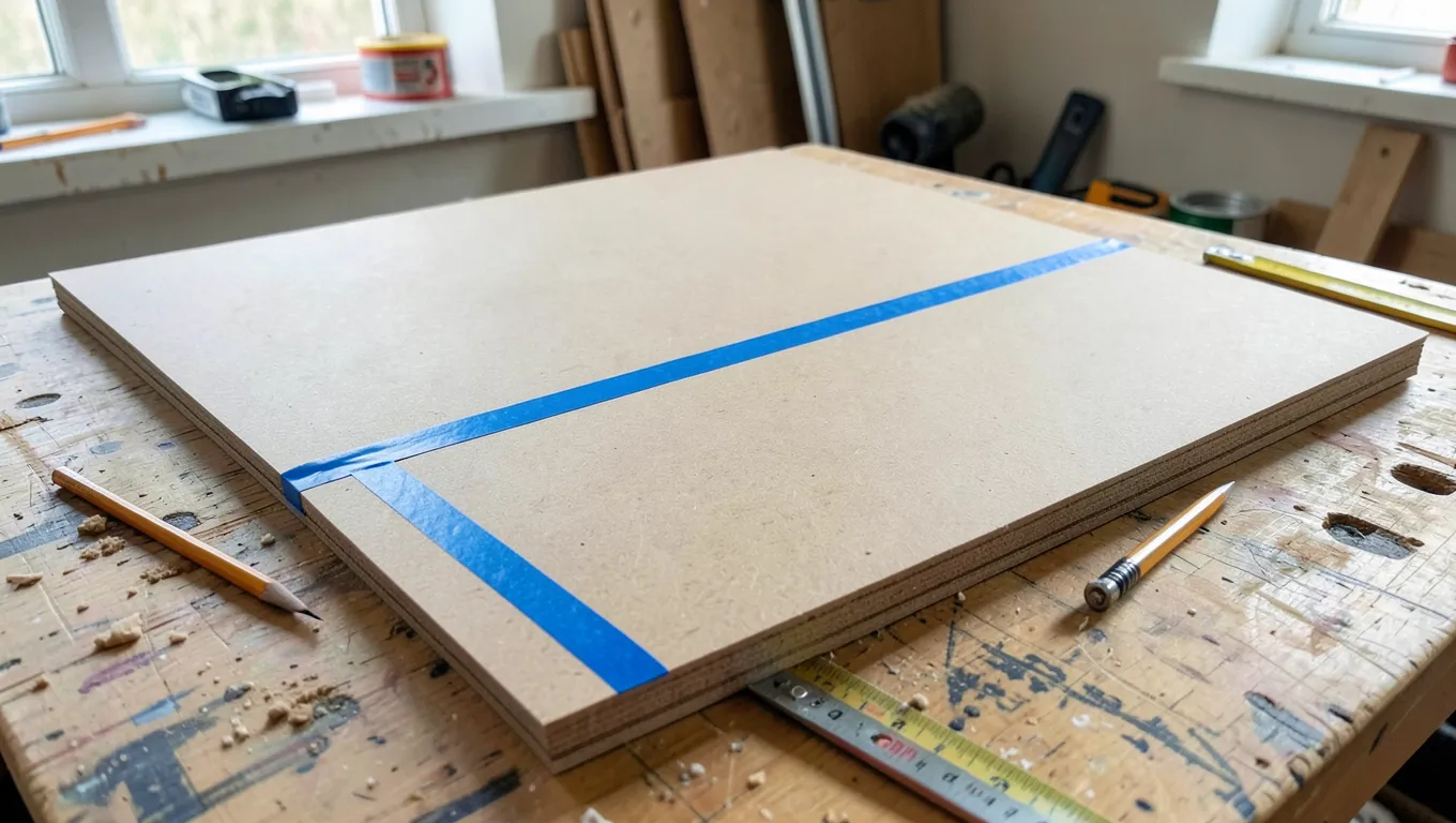 Blue painters tape applied along a marked cut line on an MDF board before cutting to prevent chipping