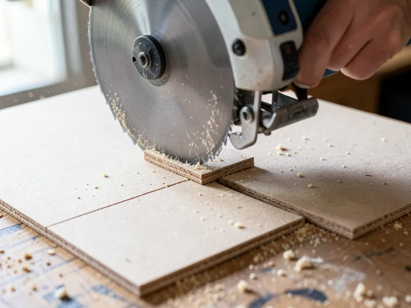 Circular saw cutting a sheet of MDF board into smaller panels on a workbench