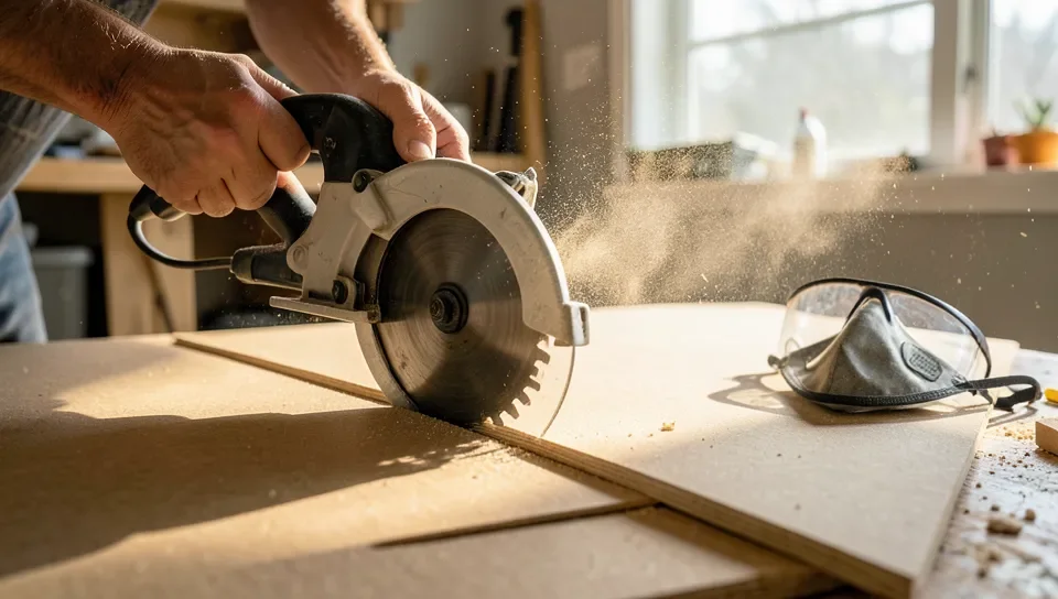 Sawdust and formaldehyde vapor rising off a cut MDF board edge in a workshop