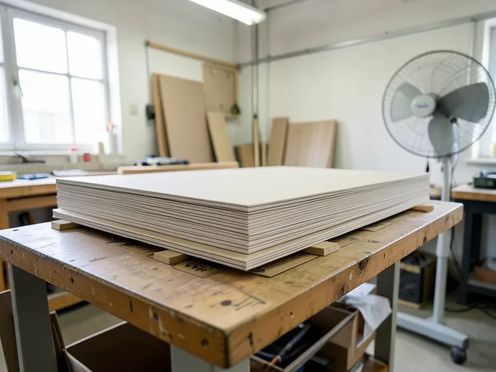 MDF sheets stacked on spacer stickers with a fan providing airflow in a workshop
