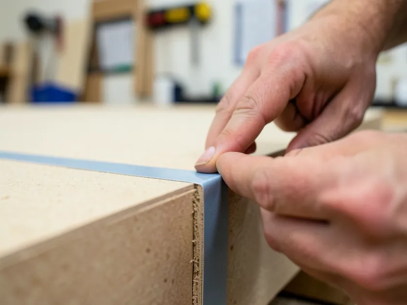 Applying edge banding tape to seal a raw cut MDF edge