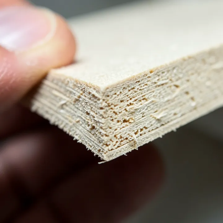 Close-up of MDF board edge showing wood fiber texture