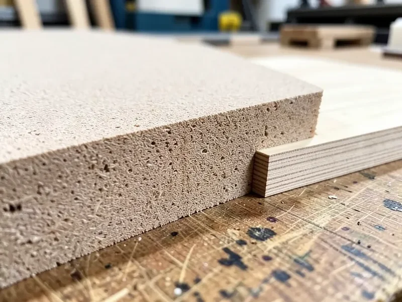 MDF edge showing uniform compressed fiber texture next to plywood's layered edge