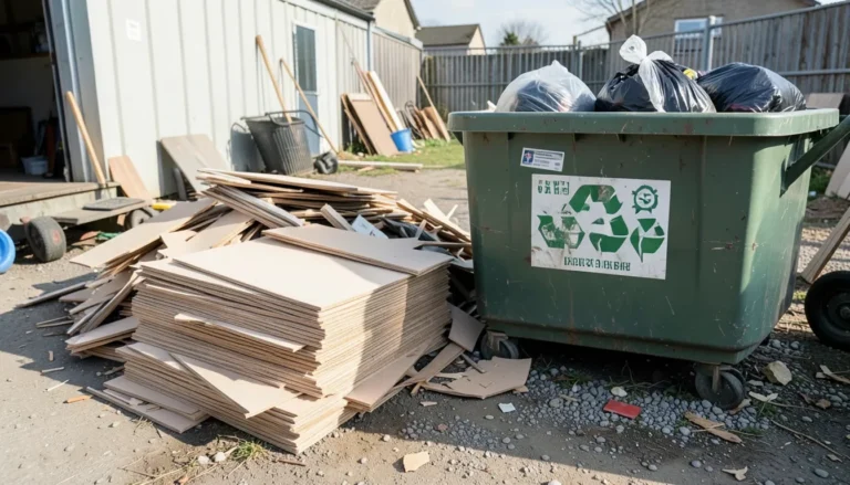 Stack of cut MDF offcuts and scrap board next to a household waste bin