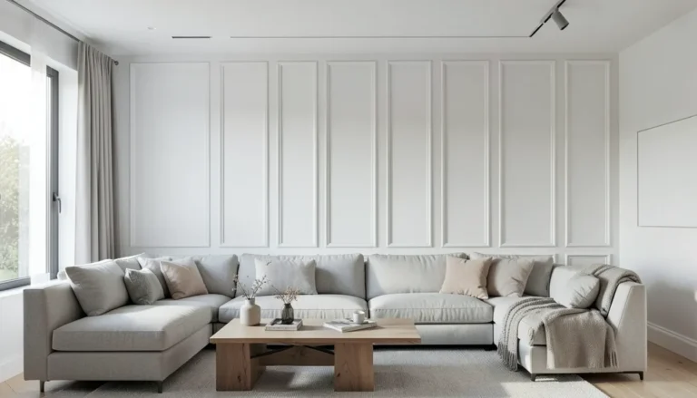 White MDF panelling installed as a living room accent wall
