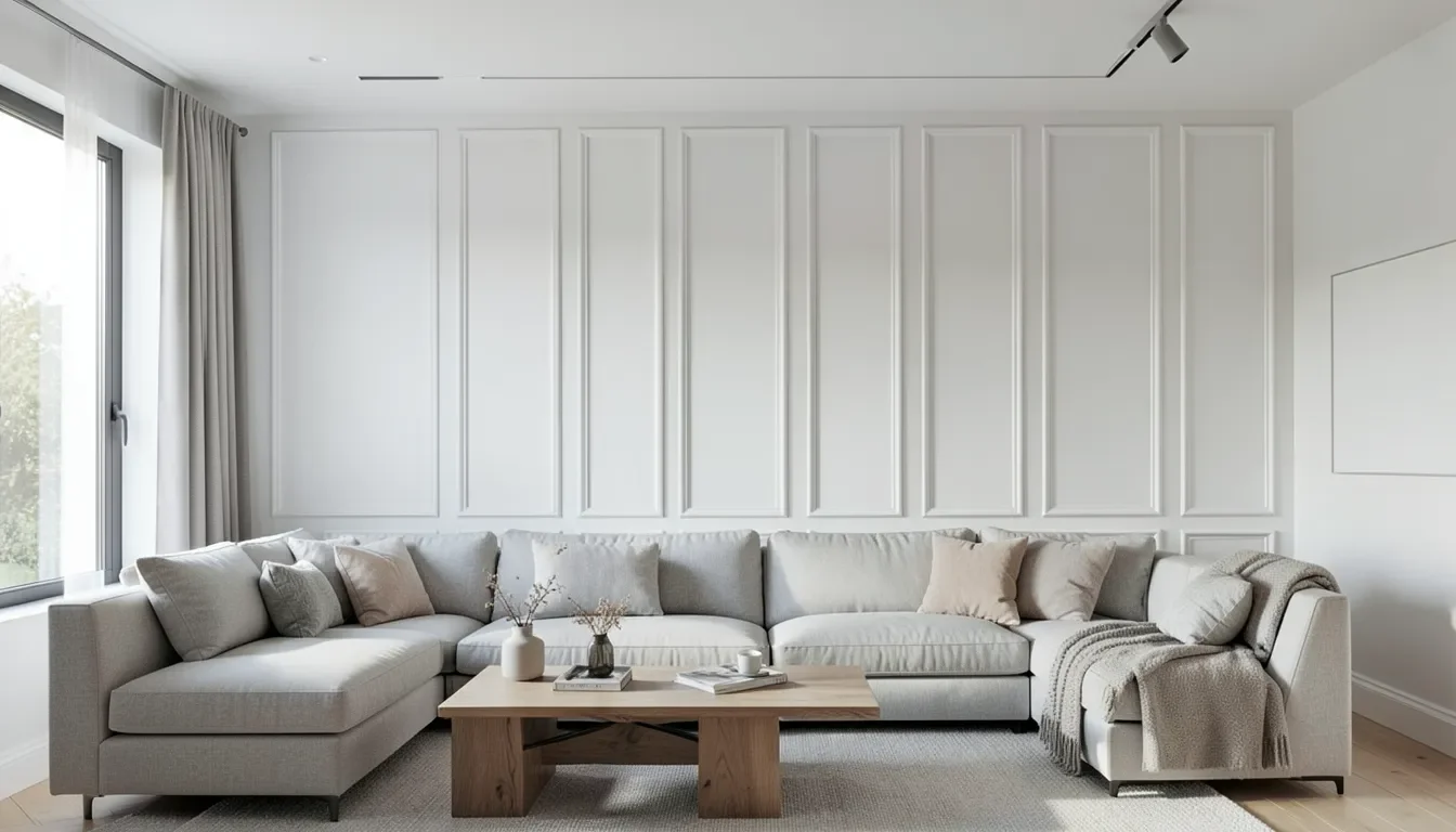 White MDF panelling installed as a living room accent wall