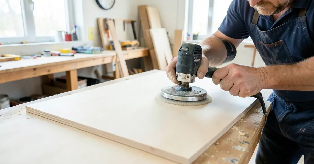 Woodworker sanding a smooth MDF panel in a workshop
