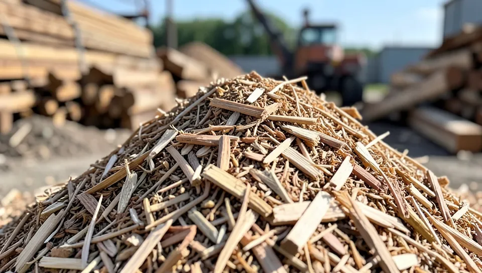Pile of recycled sawmill wood chips and offcuts used as raw material for MDF