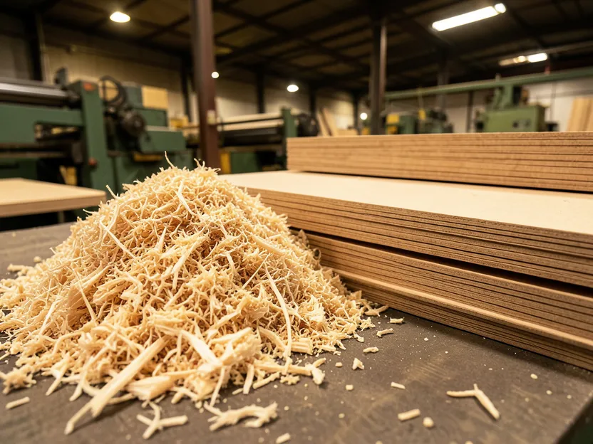 Pile of recycled wood fiber and sawdust byproduct next to stacked MDF boards in a mill