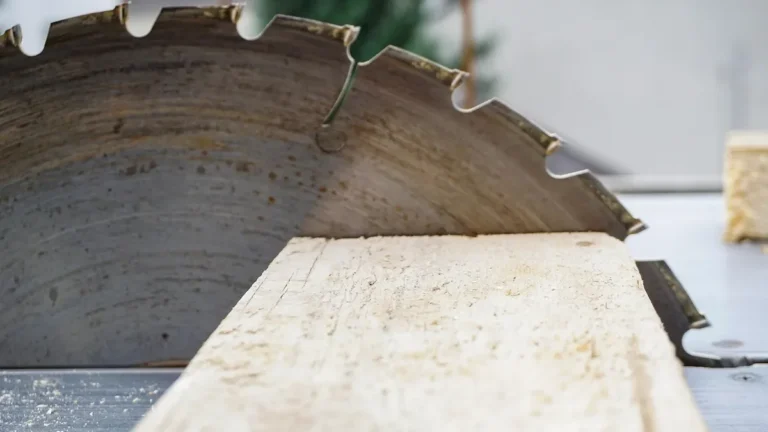 Circular saw blade beside a cut board with sawdust, where MDF dust is released