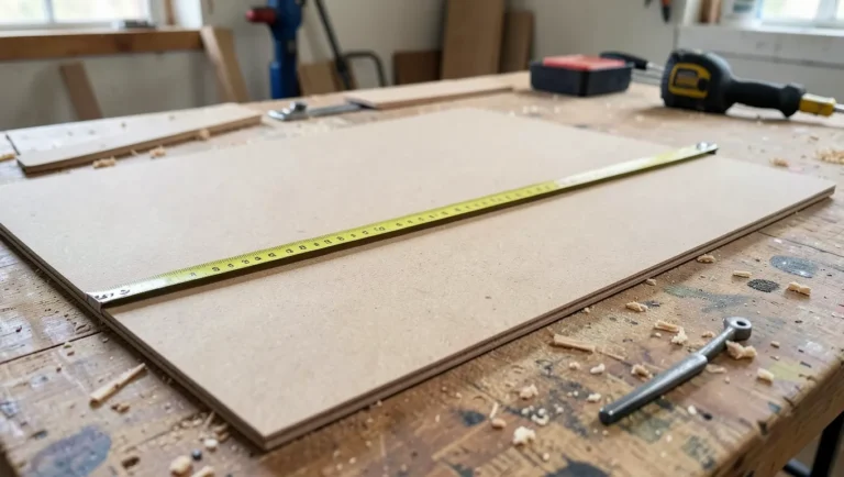Tape measure laid across a full sheet of MDF board on a workshop table