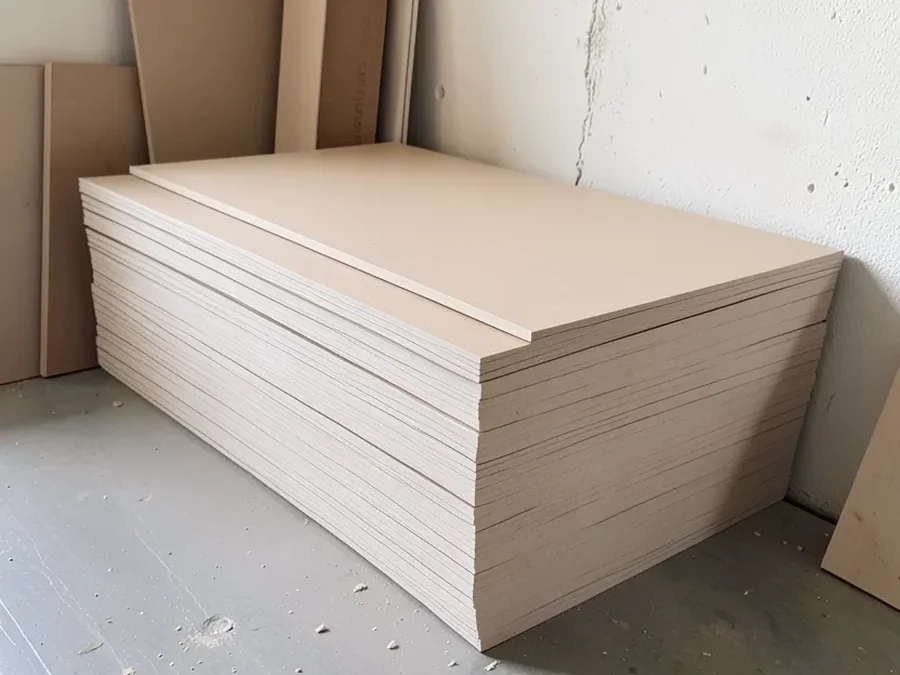 Stack of flat MDF wood sheets leaning against a workshop wall