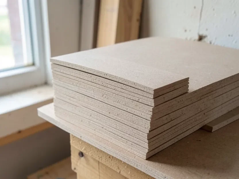Stack of MDF sheets showing the plain tan cut edge of standard, untreated board Stack of MDF sheets showing the plain tan cut edge of standard, untreated board
