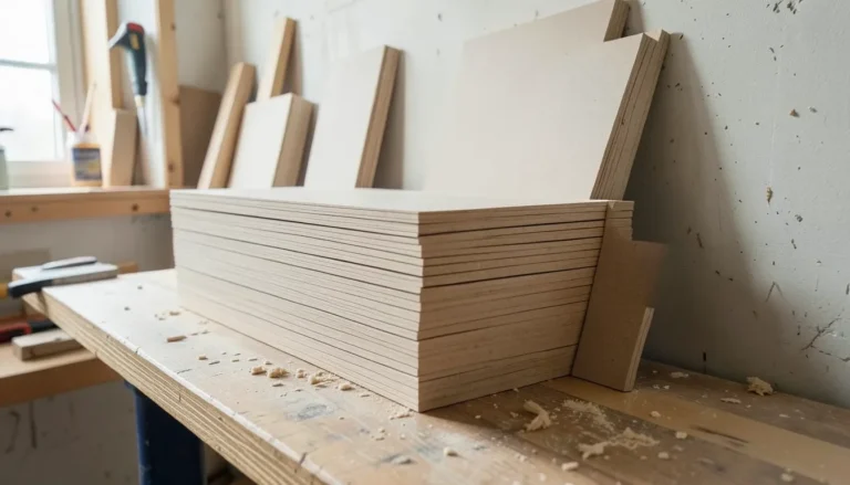 Stacked MDF sheets in a workshop