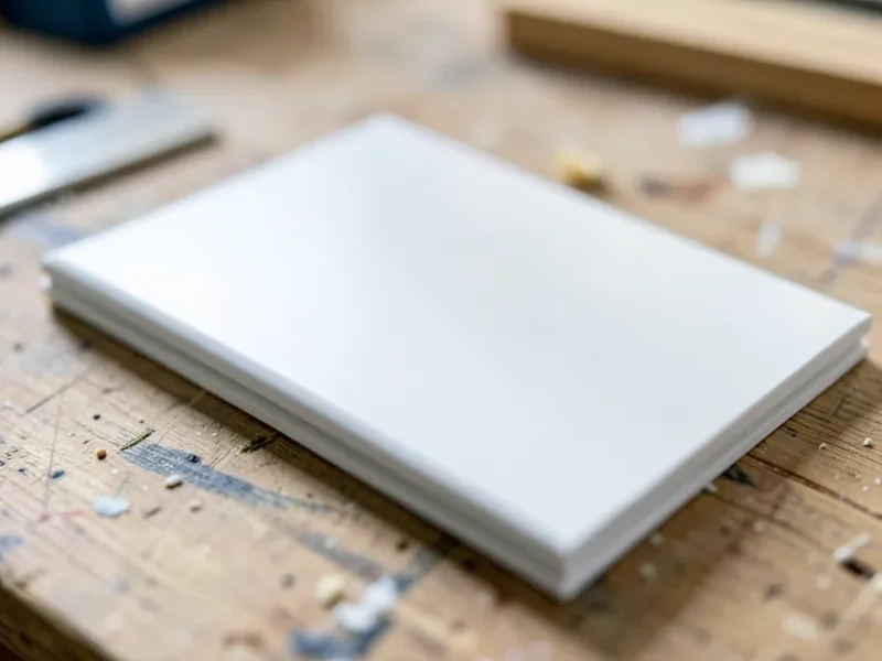 Smooth primed white MDF panel edge on a workbench, showing the even factory-primed surface MDF takes before painting